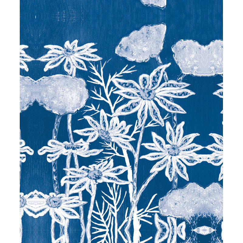 Navy Teal White Flowers - Painting Print, 46cm H x 30cm W, Wrapped Canvas