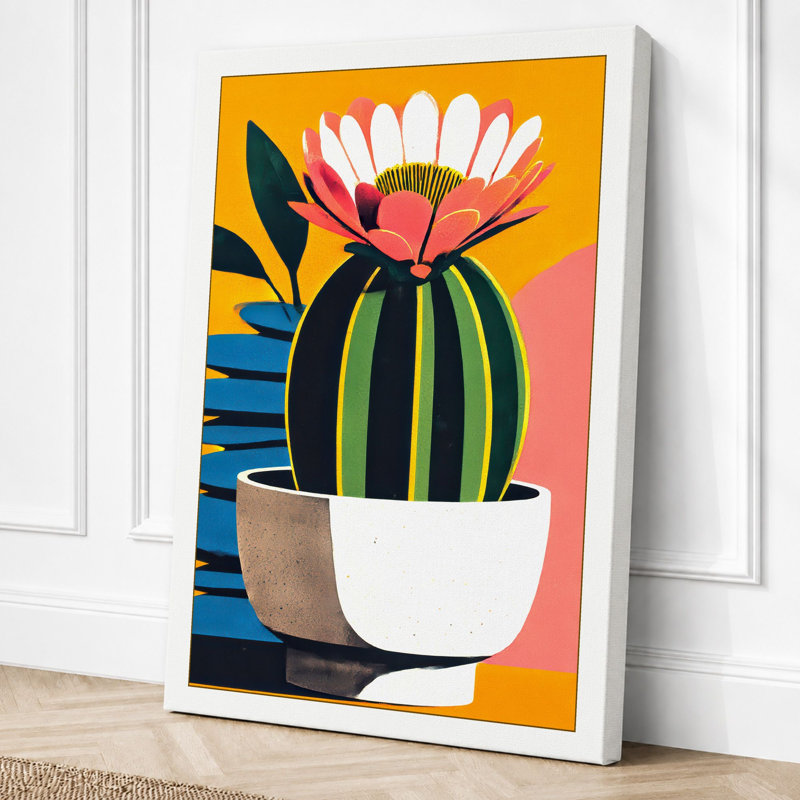 Cactus in Bloom Modern 1 Piece Wrapped Canvas Wall Art, 30x20 - 76.2 x 50.8 cm, White Border
