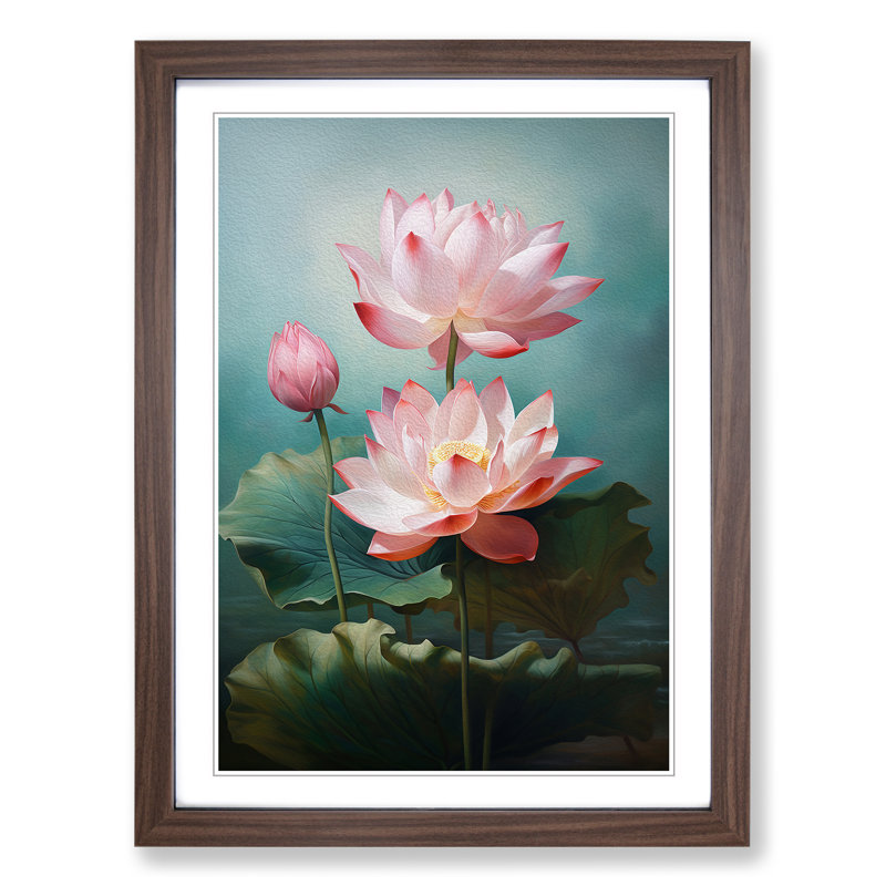 XYZ-FRM-V1223-4324 Lotus Flower Classicism - Single Picture Frame Print on Wood, 34cm H x 25cm W x 2cm D, Walnut