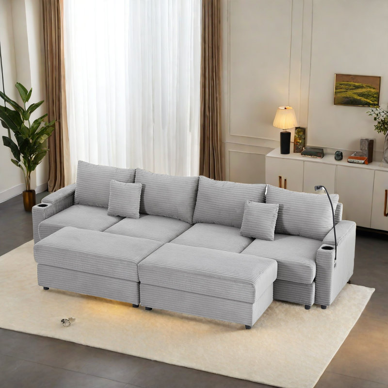Canapé modulaire multifonctionnel avec repose-pieds, Velours côtelé gris, H 33,7 po x l 123,2 po x P 35,4 po