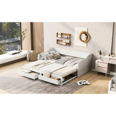 High - Quality Wood Daybed With Trundle And Two Drawers, Extendable Twin To King Size, White, For Multi Functional Living Guest Rooms, No Box Spring Needed Use Areas