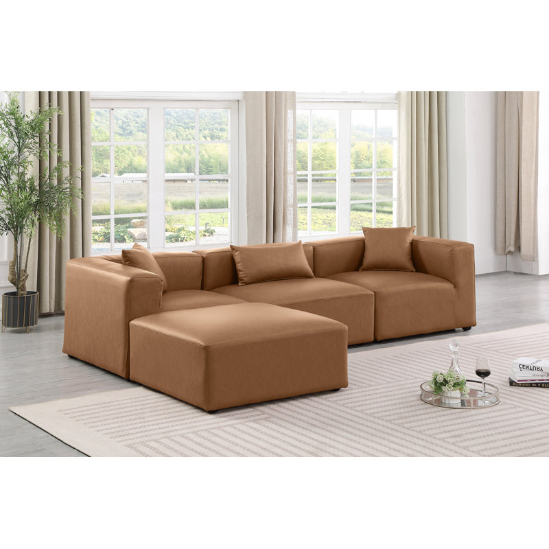 Ensemble modulaire de coin en similicuir 4 pièces, Cuir brun végétalien