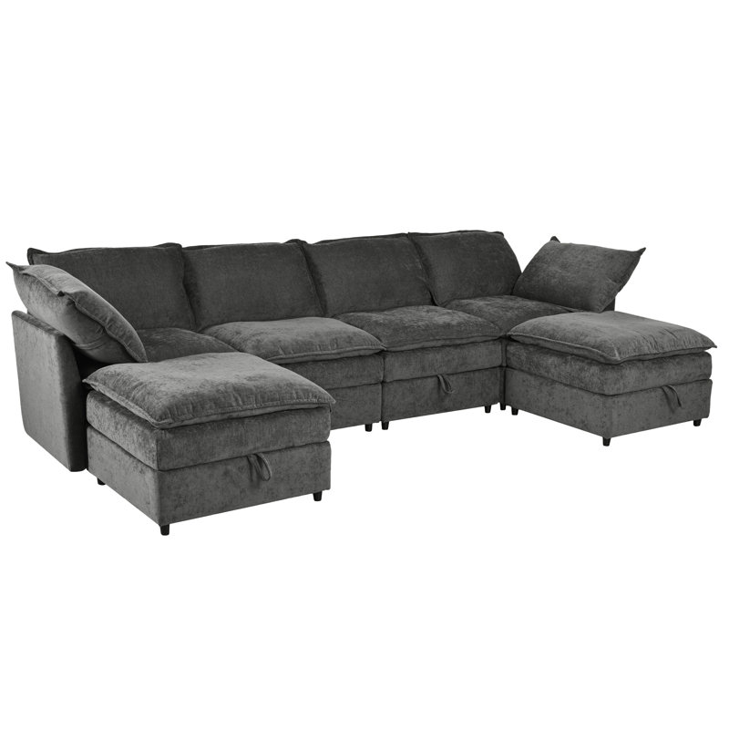 Taquila U-Shaped Sleeper Sectional Modular Sofa Bed, Gray Velvet