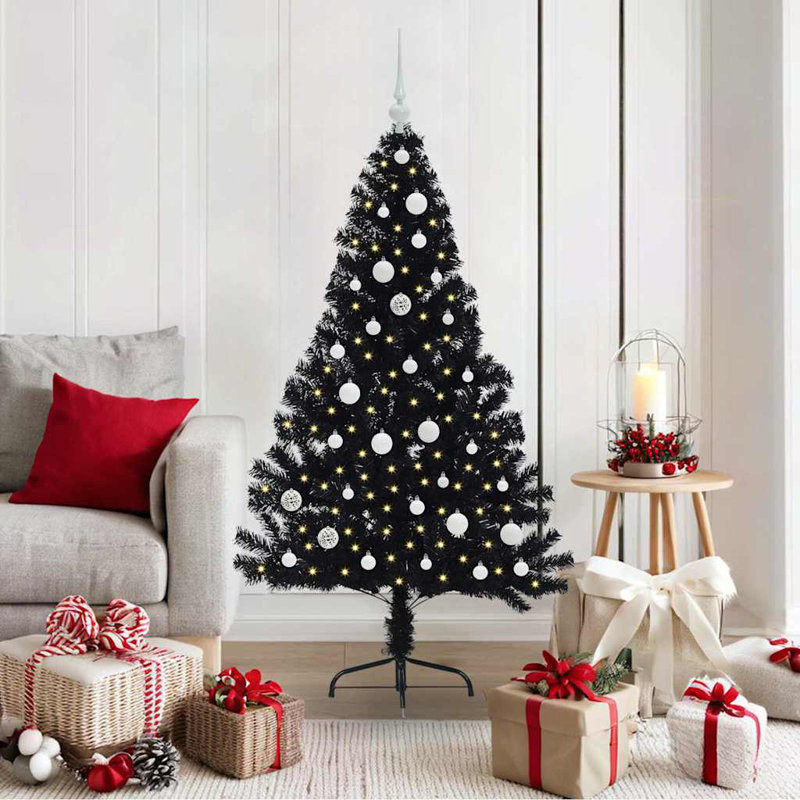 4.92' H Lighted Artificial Christmas Tree, Black, 150 cm, with 61 White Balls