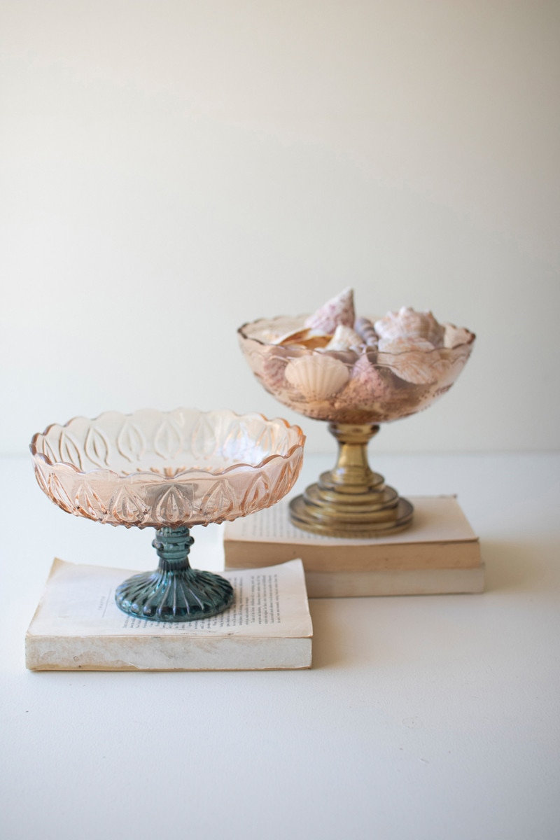 SET OF TWO GLASS COMPOTES - ONE EACH DESIGN