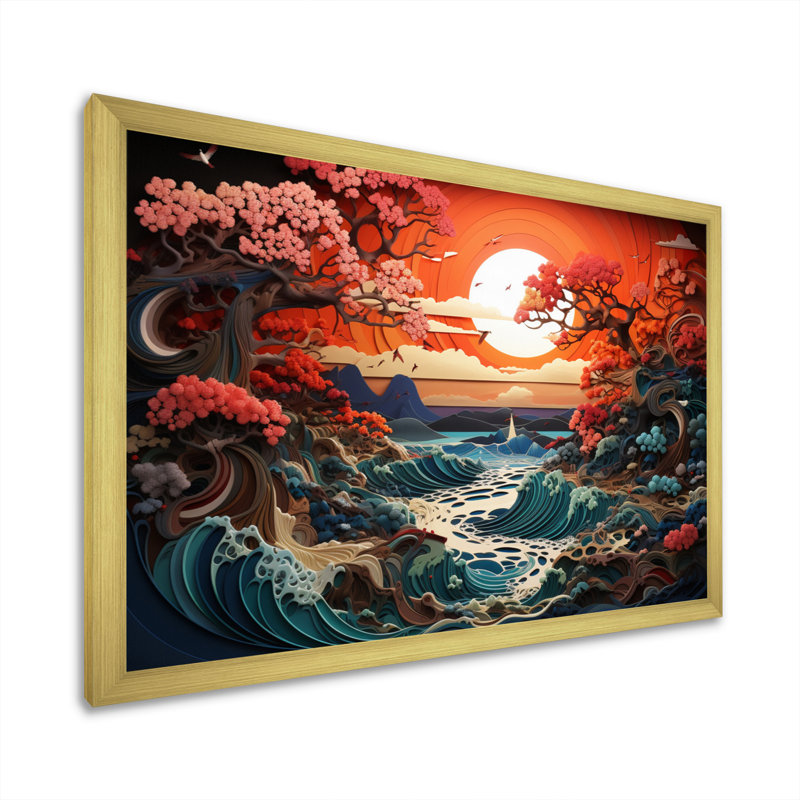 Papercut Peach Sunrise Eernal Renewal, H 30 po x l 40 po x P 1,5 po, Encadrement doré