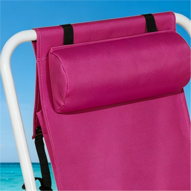 Portable Backpack-Style Folding Beach Chair With Four Adjustable Backrest Positions, Cup Holder, And Detachable Soft Headrest.