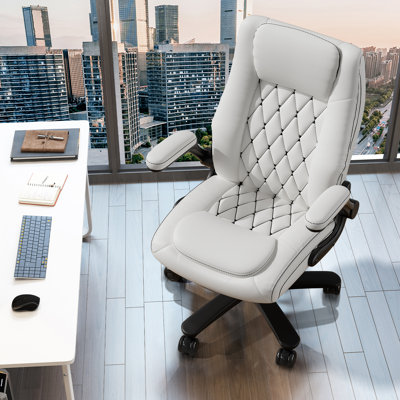 Solfway Big and Tall Office Chair 400LBS, High Back Leather Executive Office Desk Chair with Flip-up Arms, Wheels and Lumbar Support by Inbox Zero