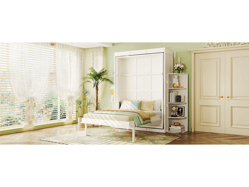 Grand lit escamotable rotatif avec armoire murale cachée, deux tablettes latérales à 3 niveaux, bureau convertible, supports de rangement supplémentaires, lit mural multifonctionnel peu encombrant pour le bureau à domicile et les petites pièces