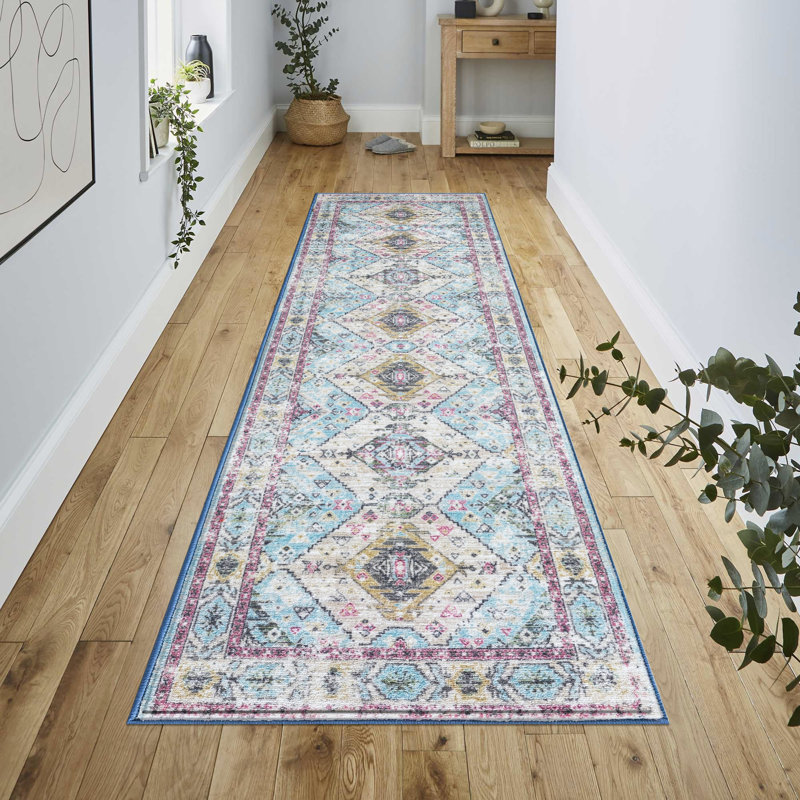 Lyanne Washable Non-Slip Blue Area Rug, Runner 2'2" x 7'