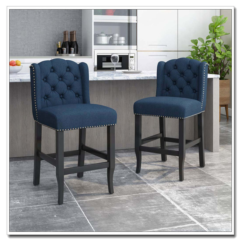27"Counter Heith  Tufted Wingback Barstool, Dark Blue
