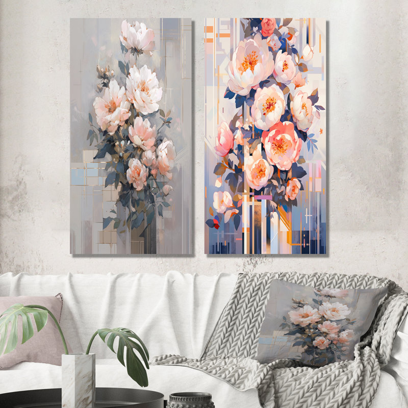 Rose Serenade de pivoines - ensemble d'art mural en métal pivoine de 2, H 28 po x l 24 po