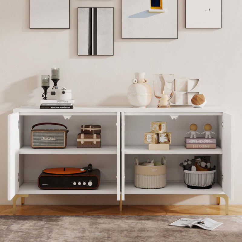 Wood Console Table with  Carved 4-door Sideboard,Adjustable Shelves, White