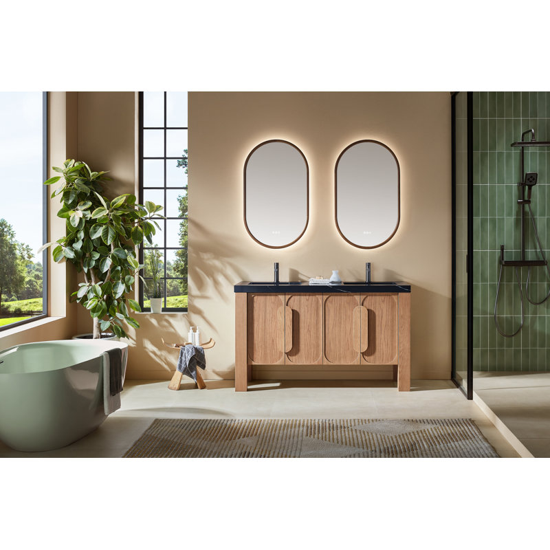 Meuble-lavabo double 60 po Abella Munich, Teck naturel, Noir