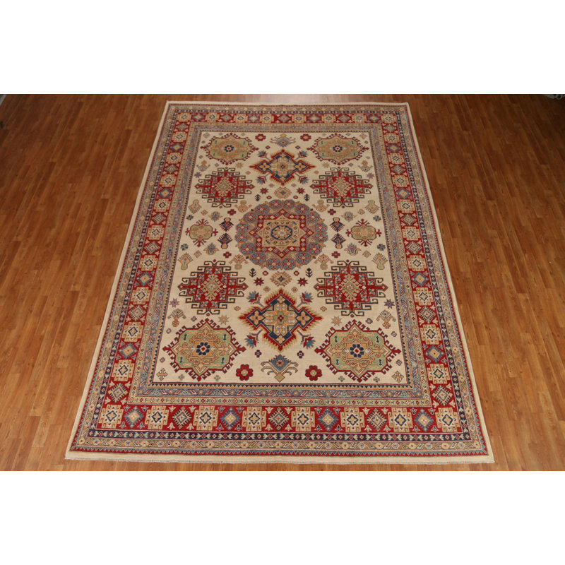 Tapis unique en laine noué à la main ivoire / rouge / gris nouvel âge 8 pi 11 po x 12 pi 2 po