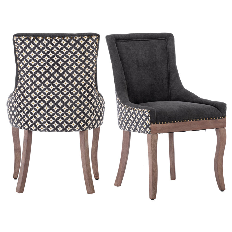 Ultra Side Dining Chair, Thickened Fabric Chairs With Neutrally Toned Solid Wood Legs, Nail Head, Set Of 2, Black