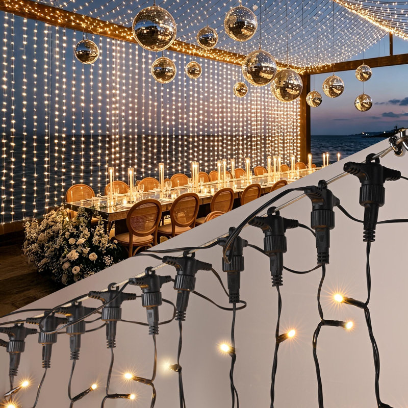  Yescom Commercial LED Event Curtain Lights with 40FT Steel Cable 48x Outdoor IP44 String Lights No Dark Zones ETL Certified for Wedding Party Patio Decor