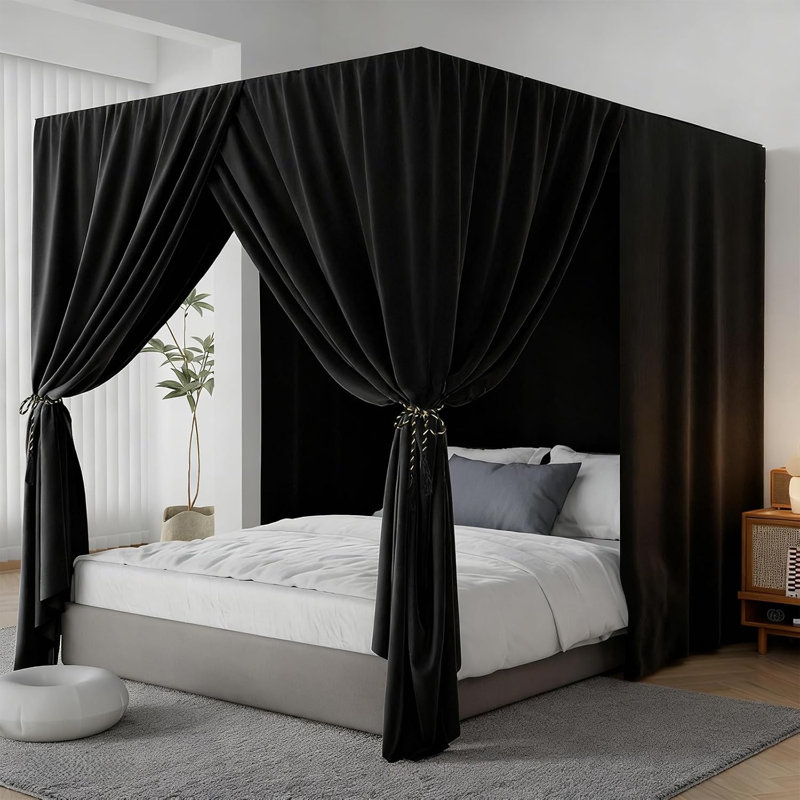 Rideau de lit à baldaquin en polyester occultant, quatre ouvertures, pour lits Queen Size, pour une ambiance intime et chaleureuse dans la chambre.
