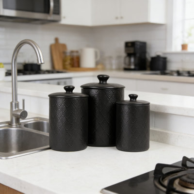 Ensemble de 3 pots en céramique avec couvercles hermétiques pour le rangement du comptoir de cuisine, finition matte en relief