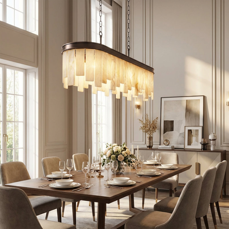 Lustre rectangulaire 7 lumières en albâtre pour îlot de cuisine