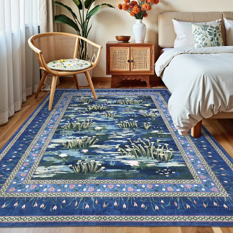 Washable Rug for Living Room, Soft Non Slip Floral Bedroom Rugs, Water Lily Pond Cute Nursery Rug, Large Low Pile Stain Resistant Farmhouse Rugs
