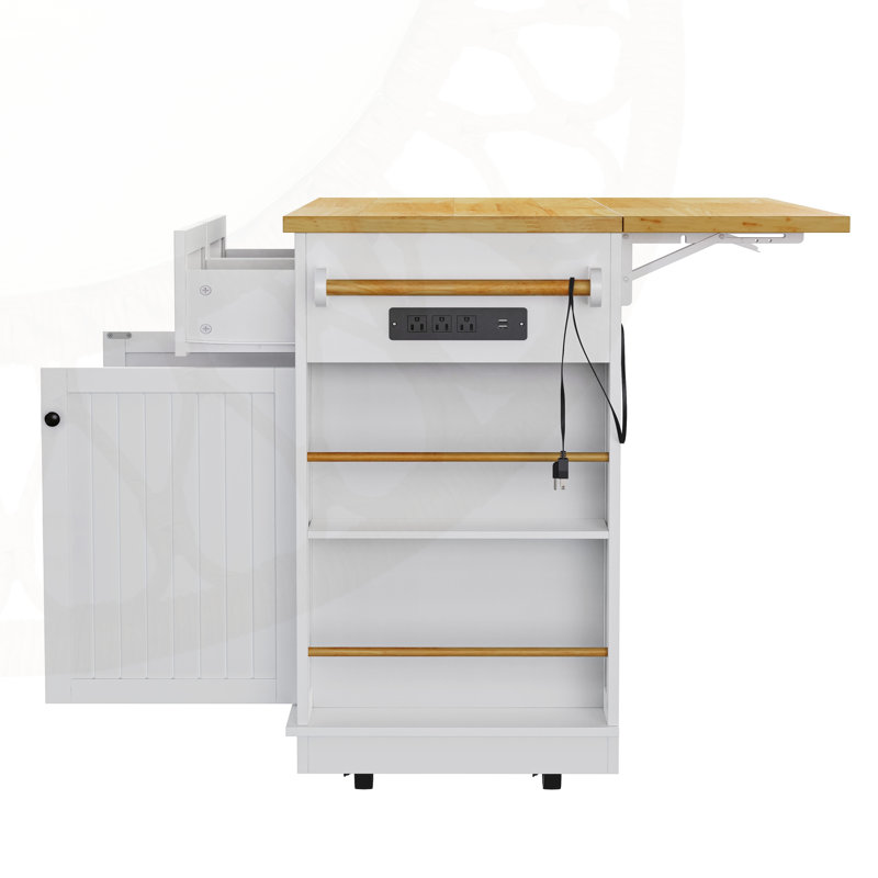 48 Inch Rolling Kitchen Island with Drop Leaf, Power Outlets, and Ample Storage for Modern Kitchens and Dining Rooms, White