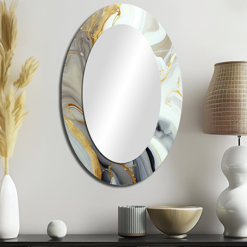 White And Gold Marble Abstract III - White Oval Wall Mirror Decor, 36" x 24"