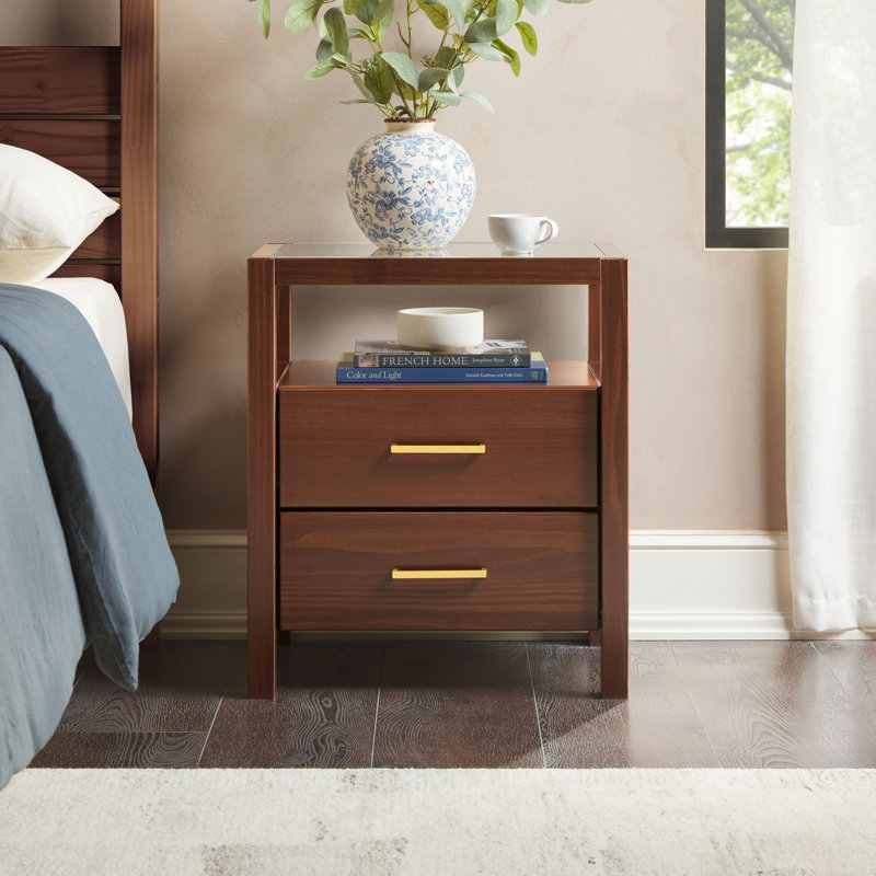 Modern Solid Wood EZ Assembly Drawers Nightstand Side Table With Glass Top, Walnut