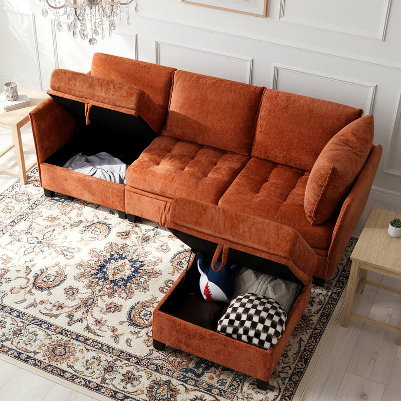 Canapé modulaire en chenille 4 pièces avec siège de rangement et canapé modulaire 4 pièces, Orange