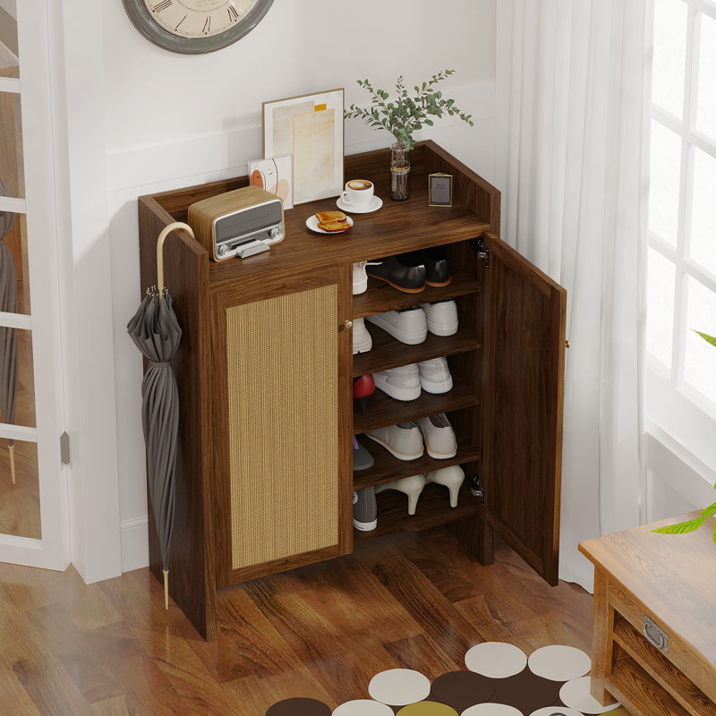 Armoire à chaussures 42 po de hauteur en rotin 42 po, 6 niveaux, tablettes réglables - noyer, Walnut
