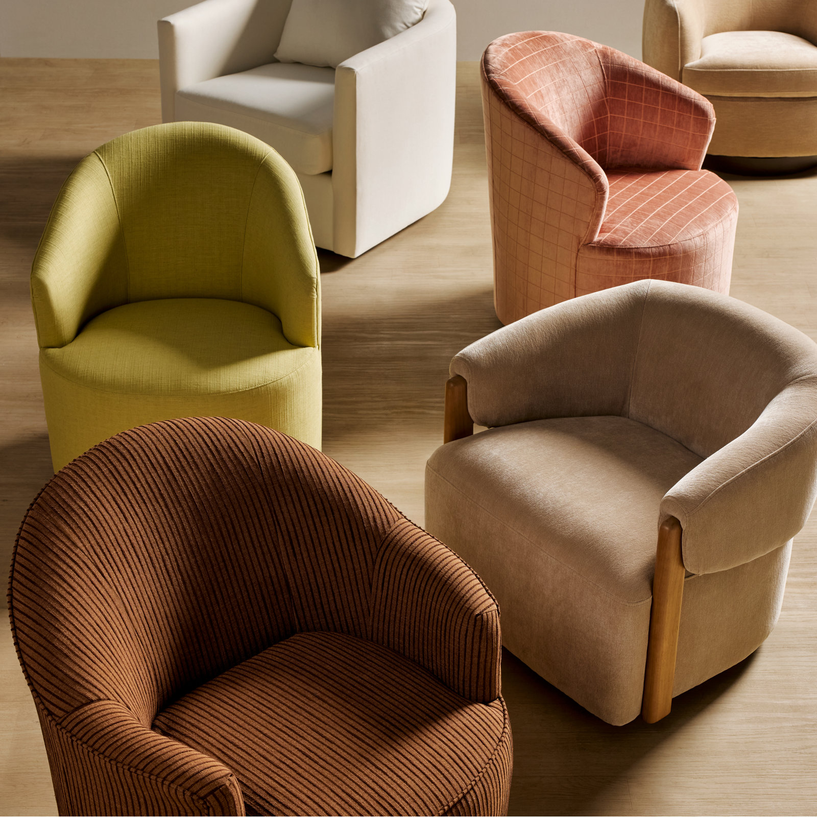 Deryn Upholstered Swivel Barrel Chair, Indy Citron Linen Blend