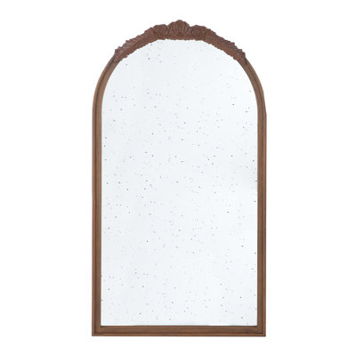 Hand Rose Entryway Wall Mounted Mirror, 23"X42", Antique Wood Arch Frame, For Living Room & Bathroom  Brown Decorative