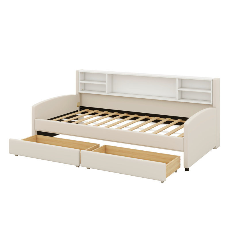 Upholstered Platform Bed With Storage And Drawers, Beige