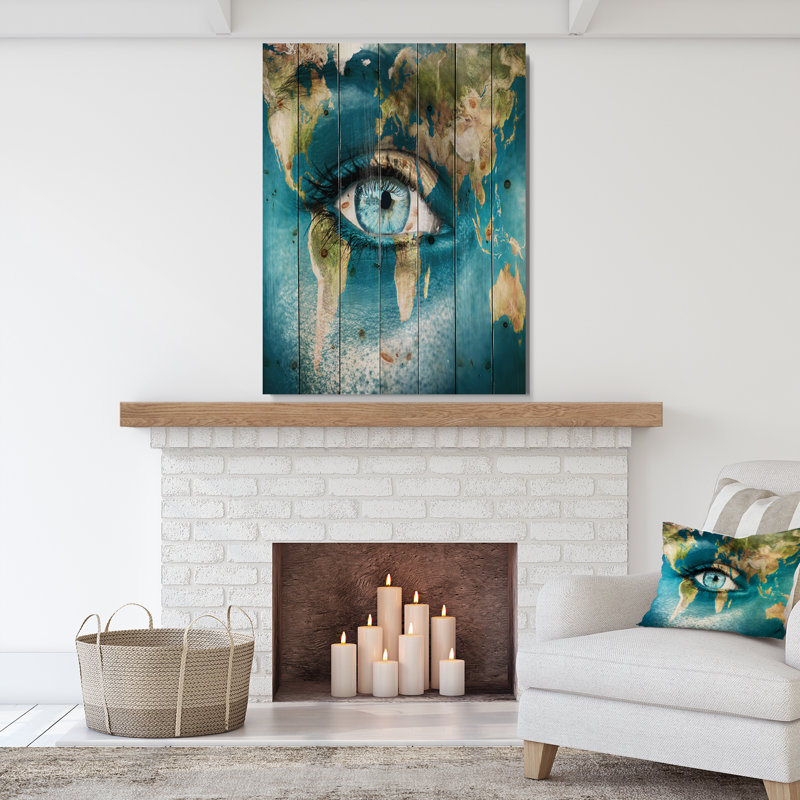 «Planète terre et œil bleu», impression, H 40 po x l 30 po x P 1,5 po, Bois