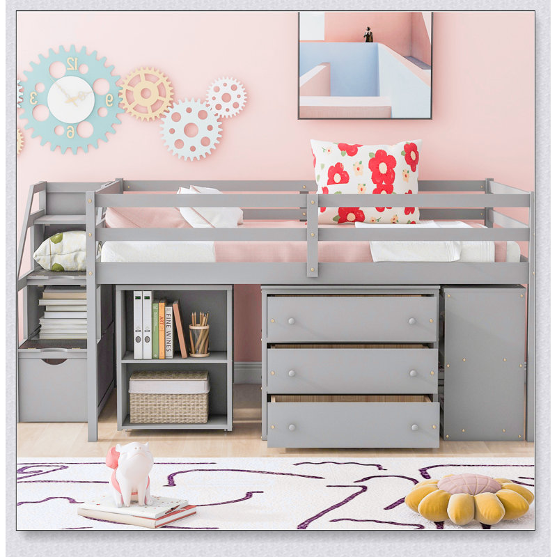Lit mezzanine avec bureau d'écriture rétractable et tiroirs, Gris