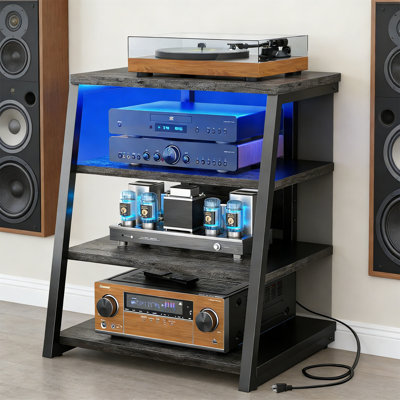 4-Tier AV Media Stand With Power Strips, LED Lights, Adjustable Shelves, 30", Grey Oak