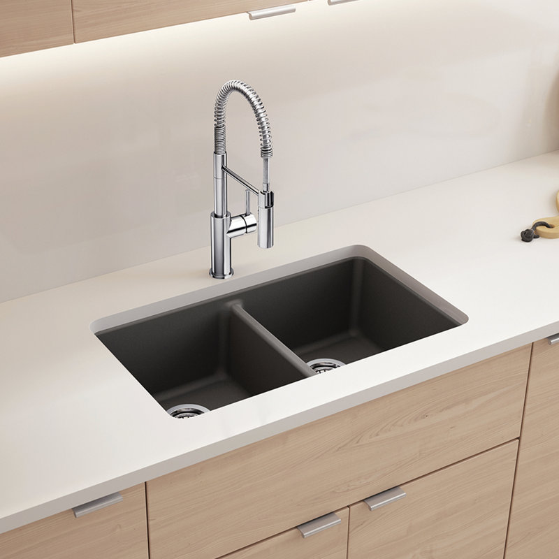 Liven SILGRANIT 33" 50/50 Double Bowl Dual Mount Kitchen Sink with Low Divide, Cinder