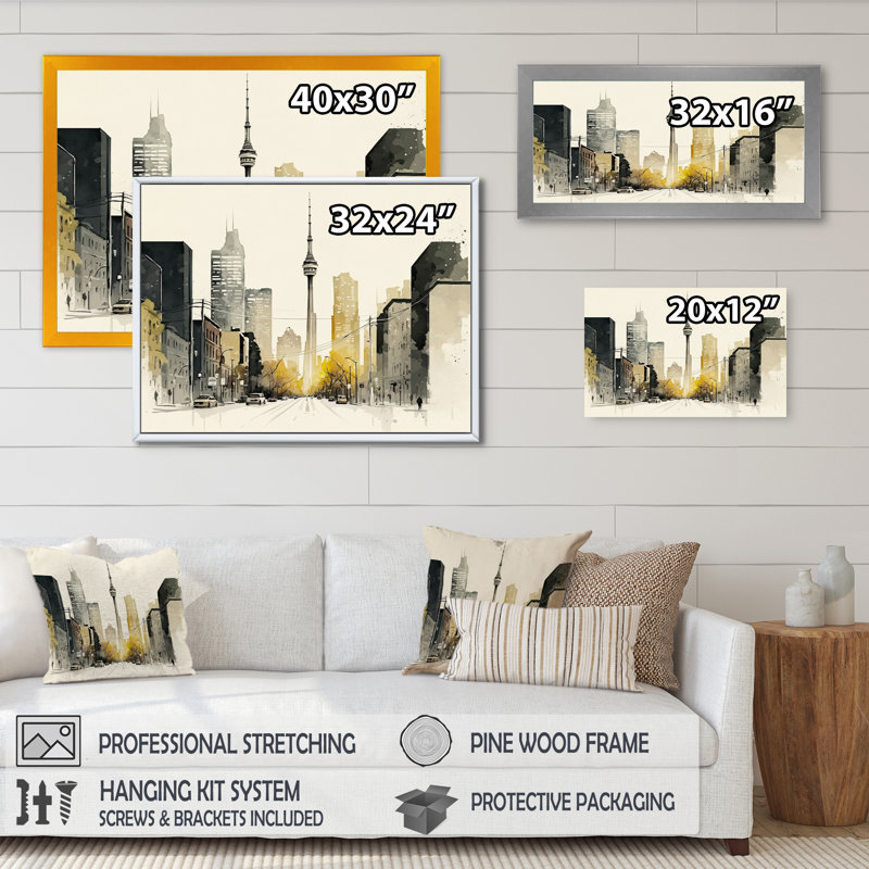 Toronto Skyline IV - reproduction sur toile, Impression noire sur toile encadrée, H 12 po x l 20 po x P 1 po