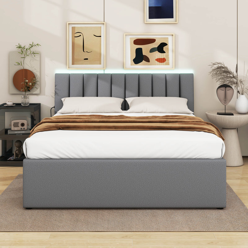 Gosdantin Teddy Fleece Upholstered Platform Bed with Trundle, Gray, Queen