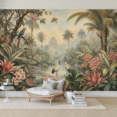 Papier peint adhésif, paysage de jungle tropicale, palmiers, rivière sereine, papier autocollant amovible, décoration murale pour salon, chambre à coucher H 100 po x l 144 po