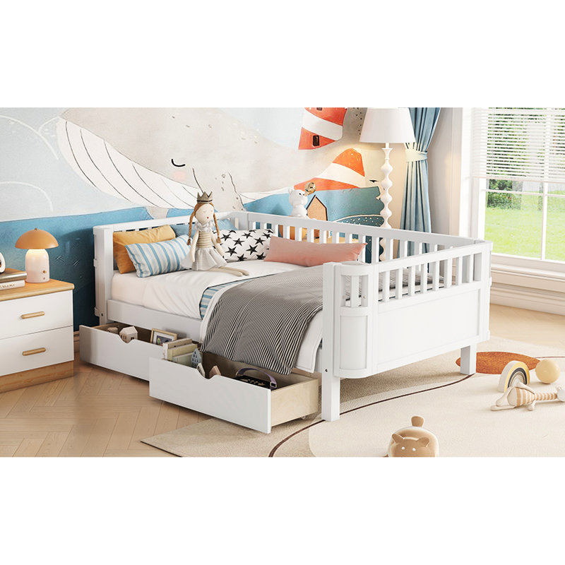 White Twin Platform Bed For , Low Profile Design, With Storage Drawers And Fence - Style Headboard, A Relaxing Sleep , Color, 2 Drawers, Profile, Stylish ' Space