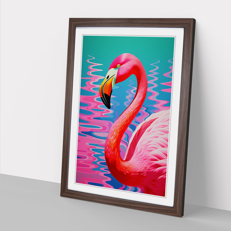 Flamingo Op No.3 - Single Picture Frame Print on Wood, Walnut, 46cm H x 34cm W x 2cm D