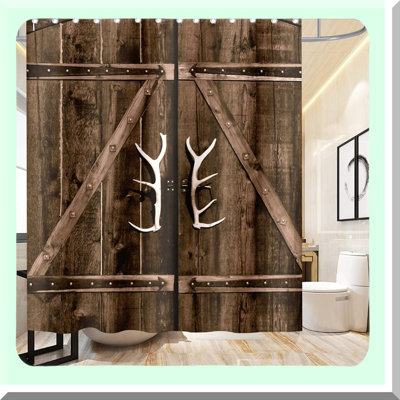 Rustic Deer Antler Shower Curtain - Wooden Plank Design, Waterproof & Washable, 72x72 Inches, Brown & White, Kids Bathroom Decor with Hooks