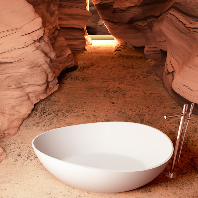 Baignoire de trempage de luxe autoportante à surface solide de 63 po, résine de pierre artificielle, blanc mat, drain central, baignoire relaxante dans un espace de détente confortable, nécessitant peu d'entretien