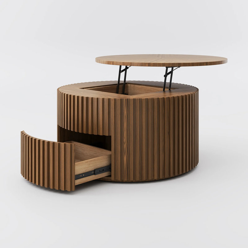 Silva - Lifting Top Round Coffee Table, Light Walnut, 17.72" H x 39.37" L x 39.37" W