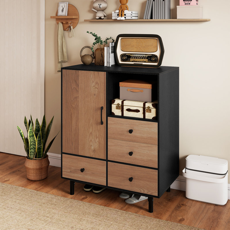 Buffet Sideboard w/ 4 Drawers & Open Compartment Heavy-Duty Metal Legs Black, Black/Natural