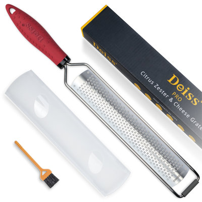 Deiss PRO Citrus Zester & Cheese Grater — Parmesan Cheese Lemon, Ginger, Garlic, Nutmeg, Chocolate, Vegetables, Fruits - Razor-Sharp Stainless Steel Blade, Wide, Dishwasher Safe
