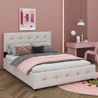 Queen-Sized Upholstered Platform Bed With Two Drawers And One Twin XL Pull-Out Trundle Bed by Lark Manor