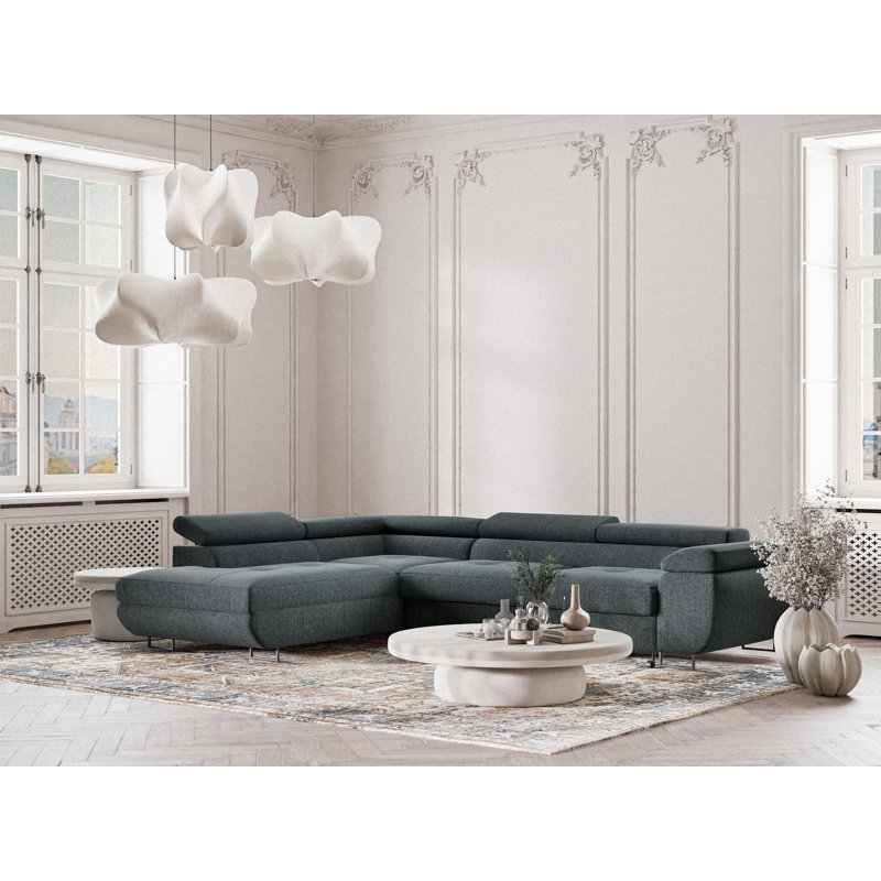 4 Seater Reclining Corner Sofa , Blue Polyester, Left Hand Facing