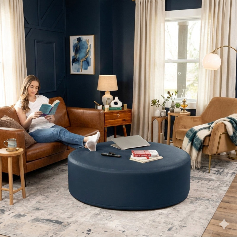 Latitude Run® Candler Round Couch Ottoman – Oversized Giant Coffee Table & Foot Rest, 44”, Oxford Blue